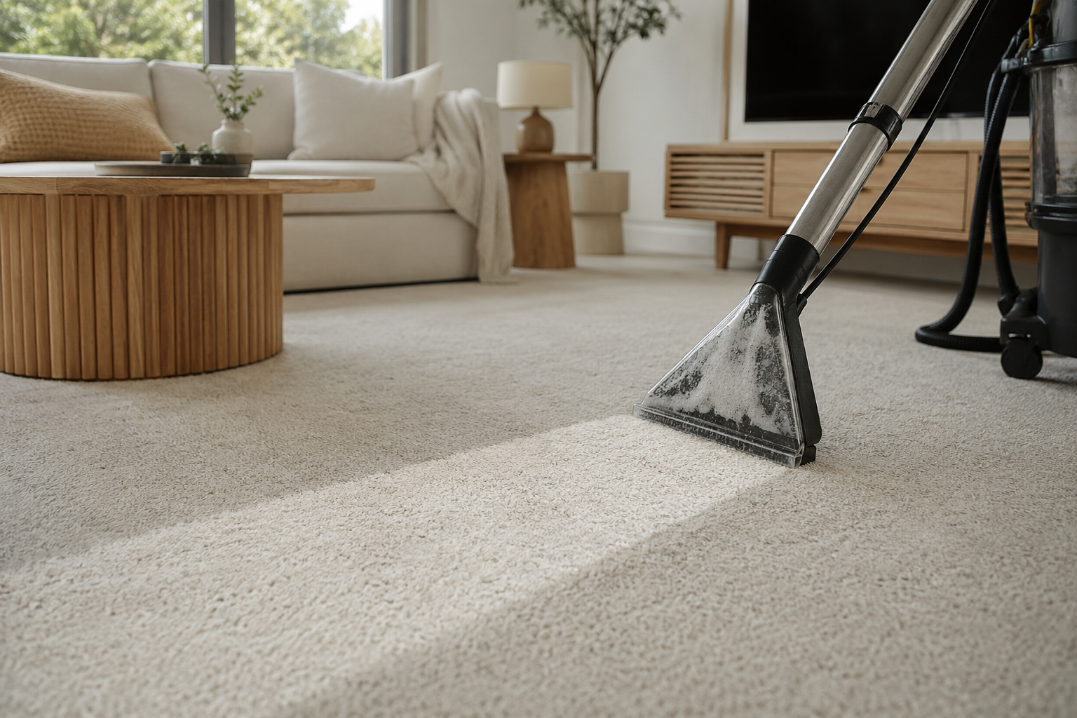 Carpet extraction cleaning leaving a clean stripe across a living room carpet